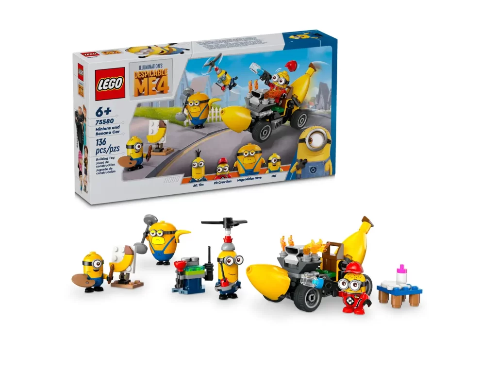 LEGO Despicable Me 4 - Minions and Banana Car minifigures and box